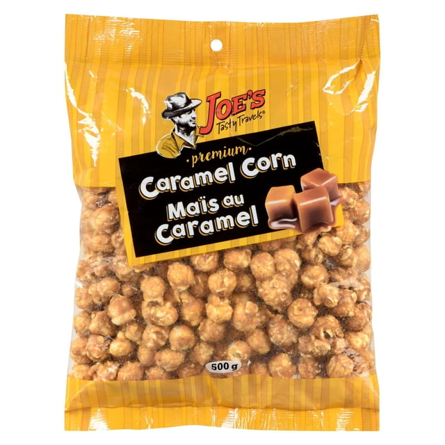 Caramel Corn 500g bag from Joe's Tasty Travels showing candy-coated caramel popcorn in clear yellow-striped packaging with bilingual English and French labeling.