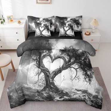 YST Trees Bedding Queen Size 7pcs Bed in a Bag, Love Heart Shape Woodland Bedding Kids Comforter Sets, Branches Mountains Botanical Bed Sheets Set, Black Gray Chic Landscape Comforter Set