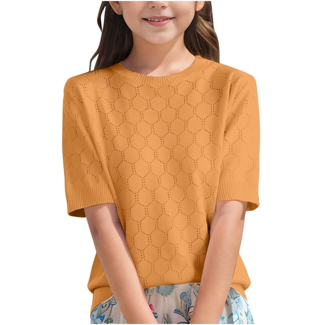 Posijego Chandails à Manches Courtes pour Filles pour Enfants, Col Rond, Tricot, Chandails à Enfiler, Chemises Décontractées Amples