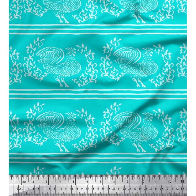 Soimoi Rayon Fabric Stripe,Leaves & Hen Block Printed Fabric 1 Yard 42 Inch Wide