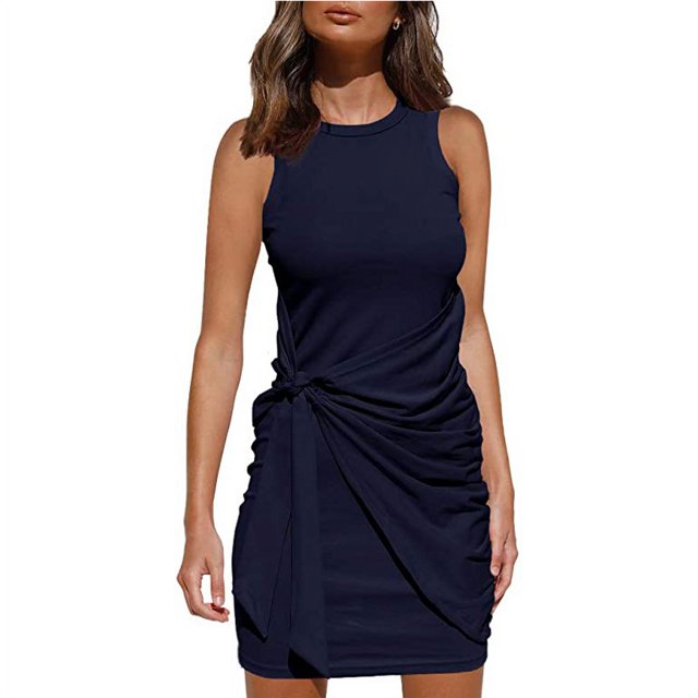 Robe d'Été Sans Manches pour Femmes avec Ceinture Irrégulière Col Rond Aguichant Mini Robe Moulante