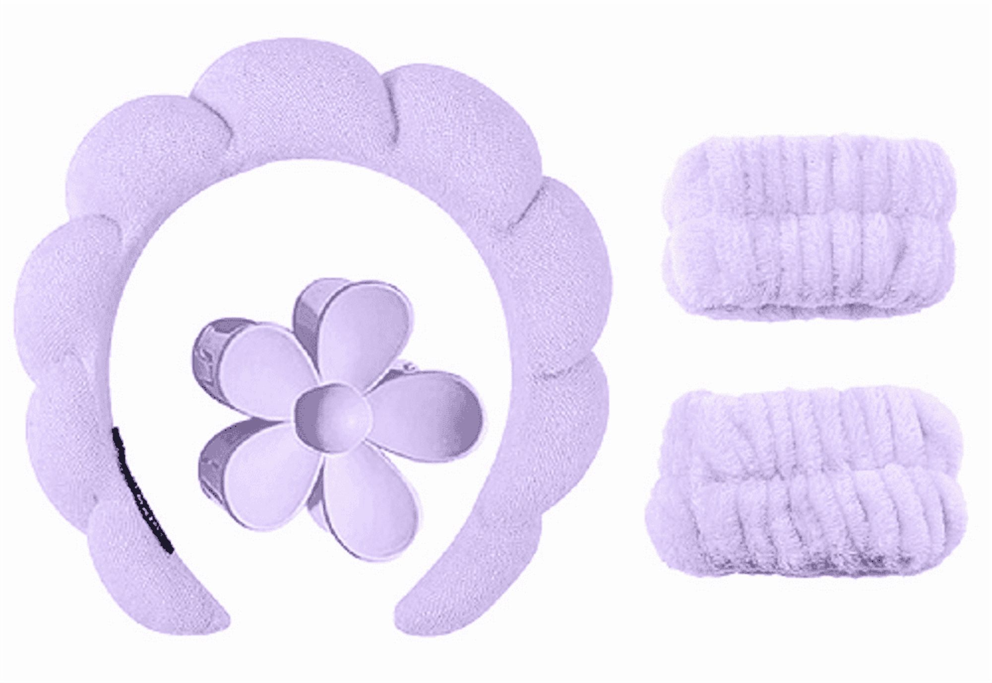 Lot de 4 articles divers, kit bandeau spa gonflé sans marque adulte, pince fleur et bracelets souples pour lavage visage femme