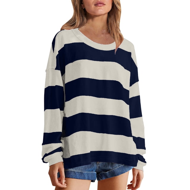 RXIRUCGD Haut à Manches Longues pour Femme, Ample et Décontracté, à Blocs de Couleur, à Rayures, Col Rond, Bleu Foncé, Taille : L