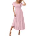 thumbnail image 1 of Robes Maxi pour Femmes à Encolure Carrée, Manches Volantées, Robe Smockée avec Poches, 1 of 6