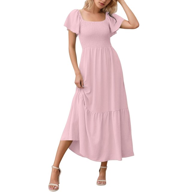 Robes Maxi pour Femmes à Encolure Carrée, Manches Volantées, Robe Smockée avec Poches