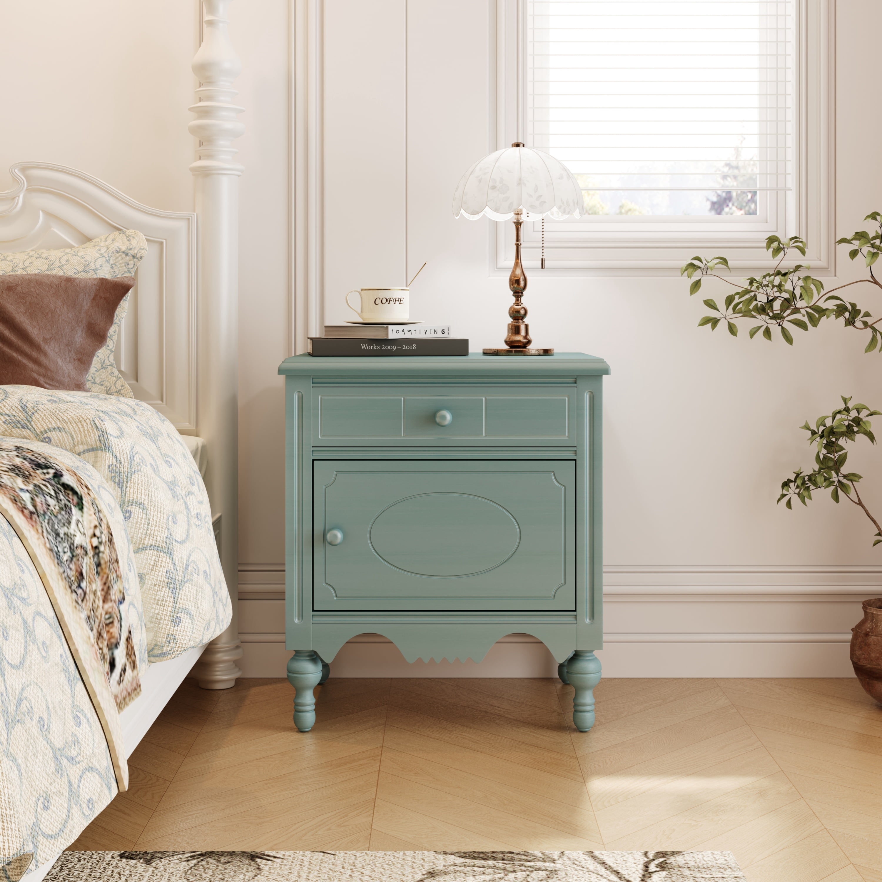 Noble House Vintage Nightstand, Carved Drawer & Cabinet, Gourd Legs,Aged Blue