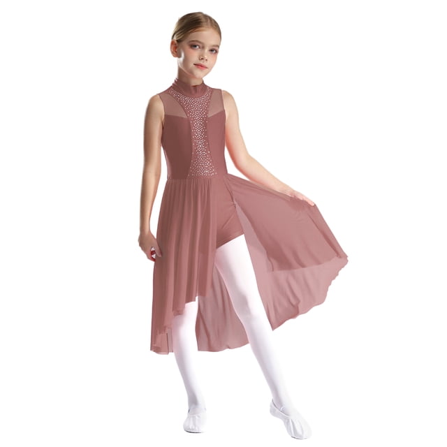 Robe de Danse Latine Ballet pour Filles Sans Manches avec Strass Dos Creux Combinaison Décontractée Rose Poussiéreux 8