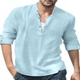 thumbnail image 1 of Men‘s Henley Shirt  Solid Color Long Sleeve Stand Collar Button-Down Loose Simple Linen Beach Tops, 1 of 4