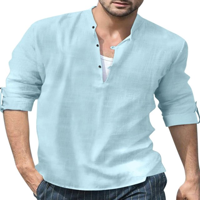 Men‘s Henley Shirt Solid Color Long Sleeve Stand Collar Button-Down Loose Simple Linen Beach Tops