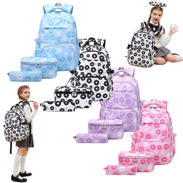 Donut Printed School Backpack For Girls Backpack With Lunch Box Lightweight Water Kids Bookbags Set