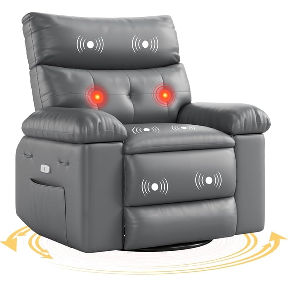 Swivel Rocking Recliner Chair, 56" Wide PU Leather Reclining Nursery Rockers with Heat & Massage, 360° Round Base Rocker Recliner Chair with Pull Handle, Silla Mecedora, Vintage Dual-Tone