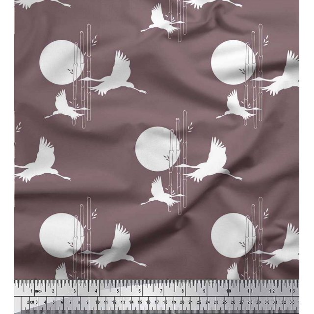 Soimoi Modal Satin Fabric Bamboo Tree,Moon & Stork Bird Fabric Prints by Yard 42 Inch Wide