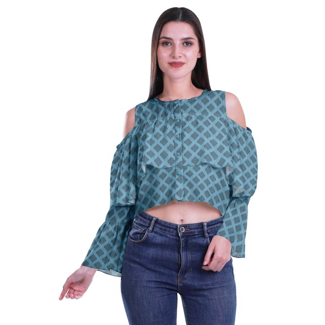 Moomaya Button Front Cold Shoulder Top Printed Casual Loose Blouse Short Top