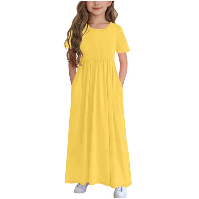 Bwiyojiz Tailles Mode 120-170 Robe Imprimée pour Enfants à Couleur Unie à Manches Courtes avec Volants et Poches, Col Rond, Jaune