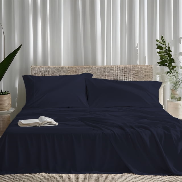 ViscoLogic Series Egyptian Comfort - Silky Smooth Lightweight Bedsheet Set - Brushed Micro - Deep Pocket - Navy (King).