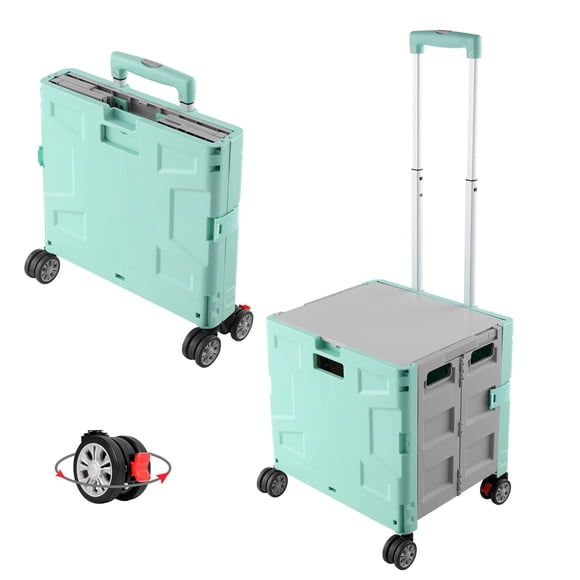 FELICON Folding Utility Cart Portable Rolling Crate Handcart with Durable Heavy Duty Plastic Telescoping Handle Collapsible Hidden Lid 4 Rotate Wheels for Travel Shop Move Office