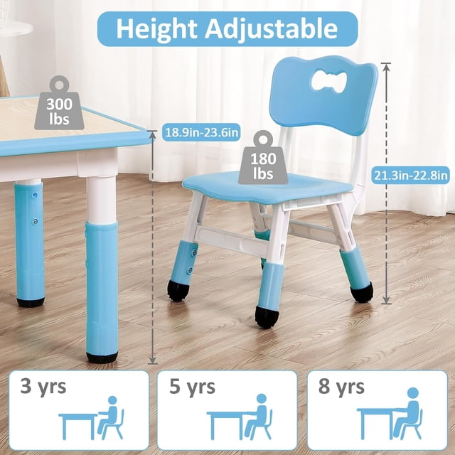 OUYAWEI Table and Chairs Set for Ages 2-10, Height Adjustable Desk with 4 Seats,Arts & Crafts Table,Graffiti Desktop, Non-Slip Legs, Max 300lbs, Children Multi-Activity Table for Classrooms,Daycares