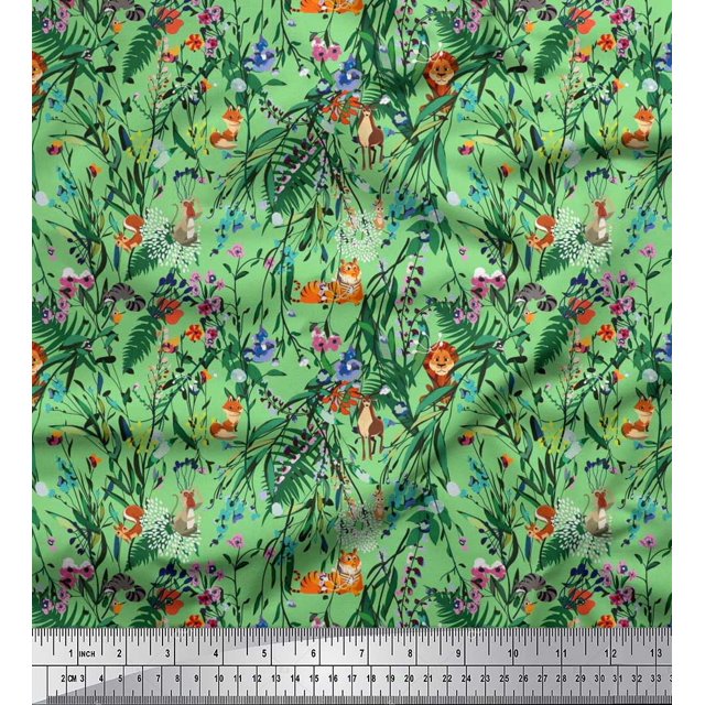 Soimoi Cotton Cambric Fabric Leaves & Cartoon Animals Jungle Printed Fabric 1 Yard 42 Inch Wide
