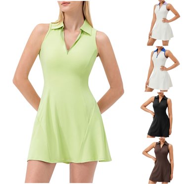 QATAINLAV Robe de Golf Tennis pour Femme Décontractée à Fermeture Éclair Col en V Robes Athlétiques Séchage Rapide Été Sans Manches Robe de Sport Noir P Ventes Éclair d'Aujourd'hui