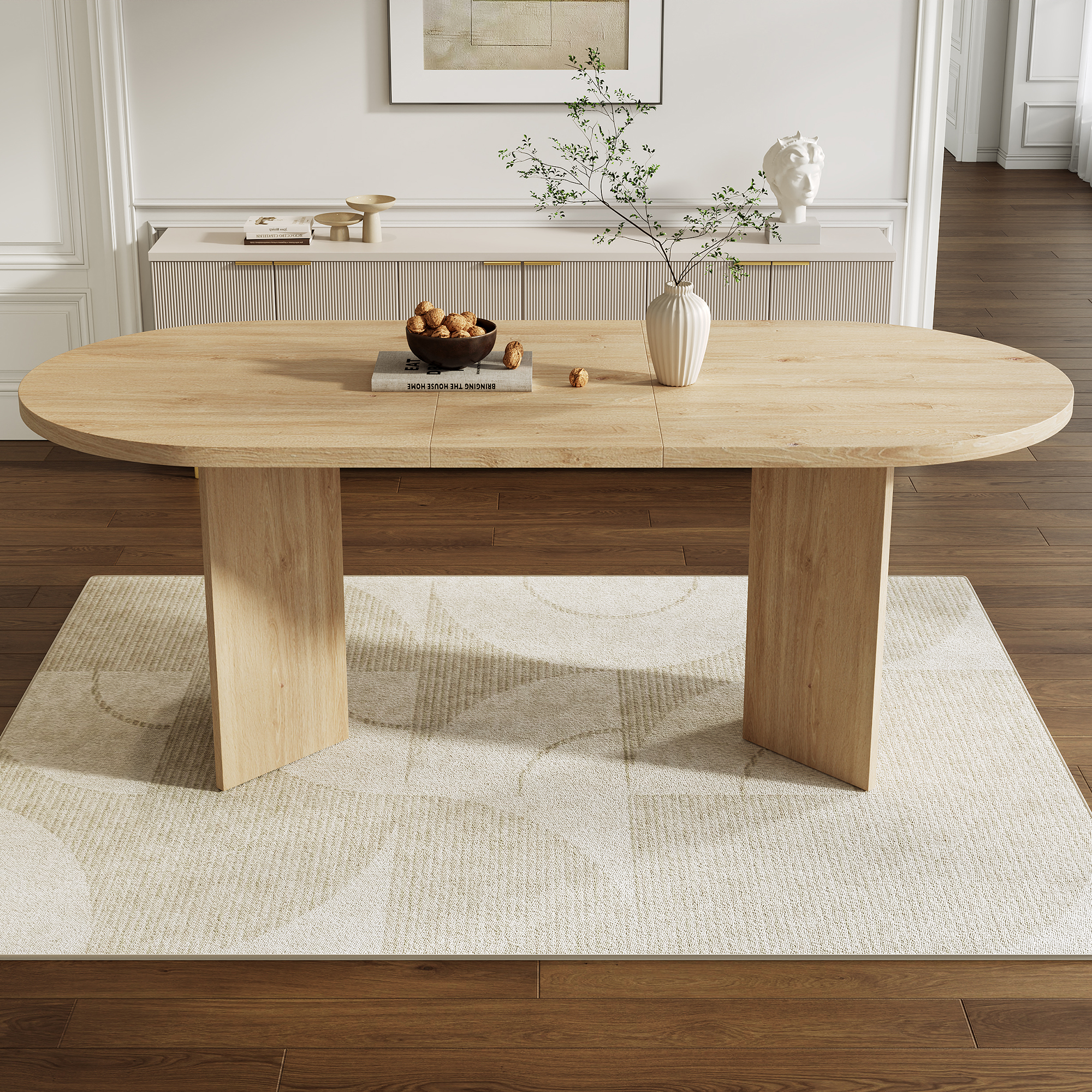 Noble House 79" Large Oval Dining Table for 6-8,Wood Grain Finish with Double Pedestal Base,Contemporary Dining Room Table,Oak