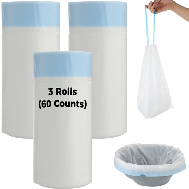 Commode Doublures, Sacs à Excréments de Chevet en PE Étanches en Ensemble de 3 Rouleaux (60 Unités) avec Poignées à Cordon. l'Image Montre Trois Rouleaux de Doublures Jetables Blanches avec Hauts Bleus, une Doublure Usagée à Tenir à la Main par Son Cordon, et un Seau de Commode Doublé de l'Un des Sacs. Ces Doublures Sont Faites de Matériau PE durable et Étanche, Mesurant 20,87 x 17,75 Pouces, et Sont Conçues pour Être Utilisées avec des Chaises de Commode, des Seaux et des Toilettes Portatives.