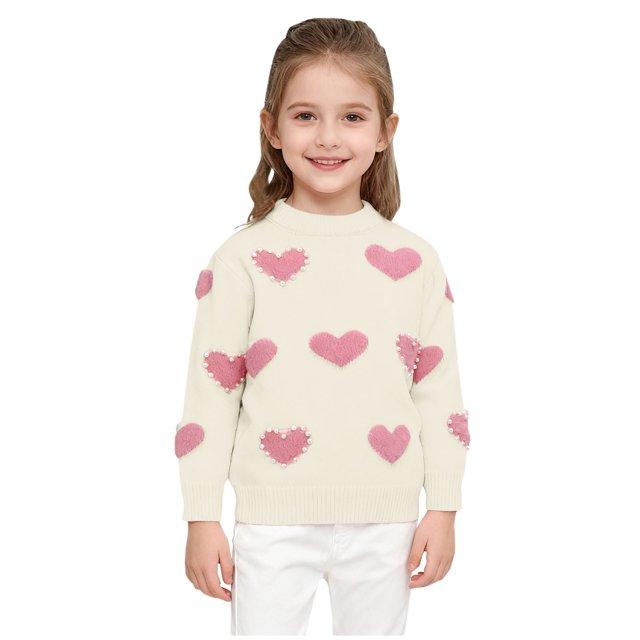 LckLvx Girls Sweaters Cute Crewneck Heart Pattern Pullover Trendy Long Sleeve Knit Tops