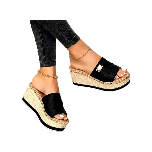 MAWCLOS Ladies Slippers Slip On Slides Platform Nonslip Wedge Sandals Backless Beach Slide Sandal Black 5.5
