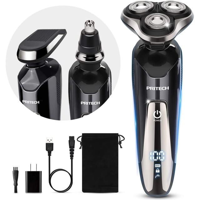 Mens Electric Razor for Men by PRITECH, a 3-in-1 waterproof rotary shaver with detachable heads for shaving, nose trimming, and sideburn grooming. Features 4D contour adaptation, LED indicators, and USB fast rechargeable functionality for wet and dry shaving. Ideal for travel, includes USB cable, US adapter, travel cloth bag, cleaning brush, and user manual.