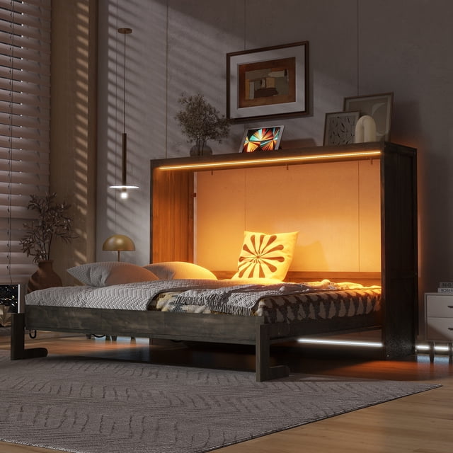 Euroco Wood Queen Size Murphy Bed with Storage Cabinets and LED Light, Brwon
