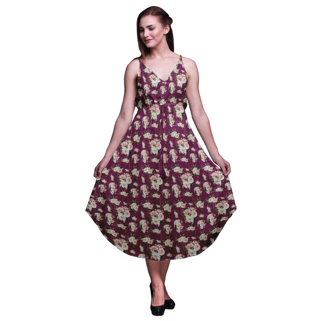 Bimba Robe Midi de Plage à Imprimé Floral pour Femmes, à Bretelles, Tenue d'Été de Resort-Moyenne