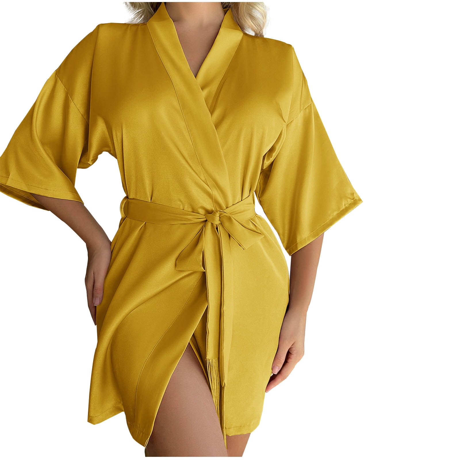 Timegard Satin Nightgowns for Women 3/4 Sleeve Robe Sleepwear Fall Warm Comfy Bathrobe Solid Color