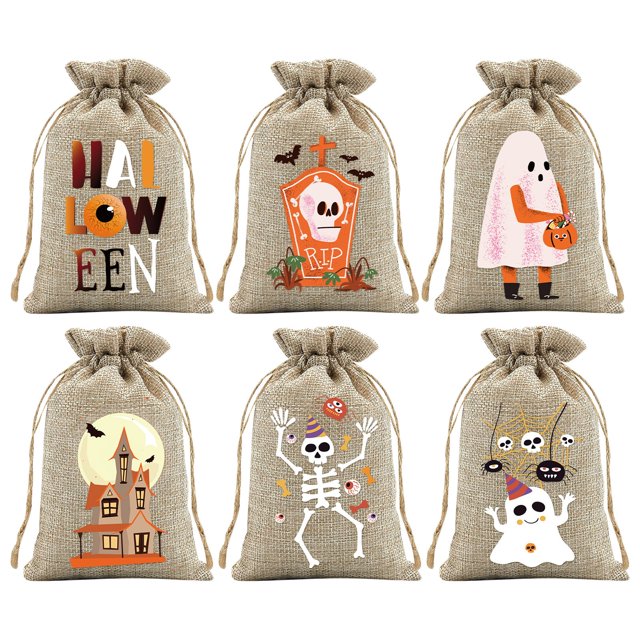 WHEANG 6 Pcs Sacs de Bonbons d'Halloween Sacs de Bonbons Rustiques en Jute Sacs de Bonbons en Jute Réutilisables Parfaits pour la Collecte de Bonbons d'Halloween Sacs de Bonbons d'Halloween pour Enfants
