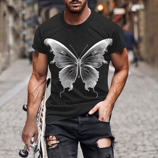 Mefallenssiah Hauts pour Hommes, Liquidation T-Shirt à Manches Courtes Imprimé pour Hommes à Col Rond Mode Décontractée Manches Courtes en Noir avec un Grand Imprimé Papillon Blanc à l'Avant. la Chemise Présente une Encolure Ronde, des Manches Courtes et une Coupe Décontractée, Fabriquée à Partir d'Un Mélange Coton-Lin-Polyester pour Respirabilité et Confort. Montré Porté à l'Extérieur avec des jeans Noirs Déchirés, Style pour un Style Décontracté.