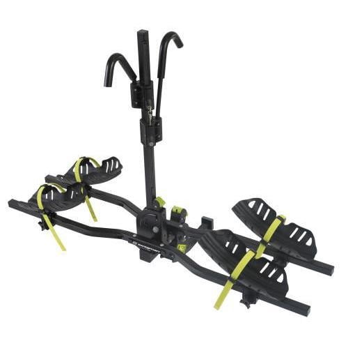 Swagman Bike Rack 64678 Current; 1-1/4 Inch And 2 Inch Receiver Hitch Mount; Holds 2 Bikes; 60 Pound Weight Capacity Per Bike; Bike Wheel Strap To Wheel Trays; With Lock; Foldable; Black