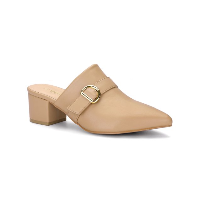 BLISSFUL STEP Women's Shoes Buckle Strap Pointed Toe Chunky Heel PU Vamp Mule Shoes Khaki 11