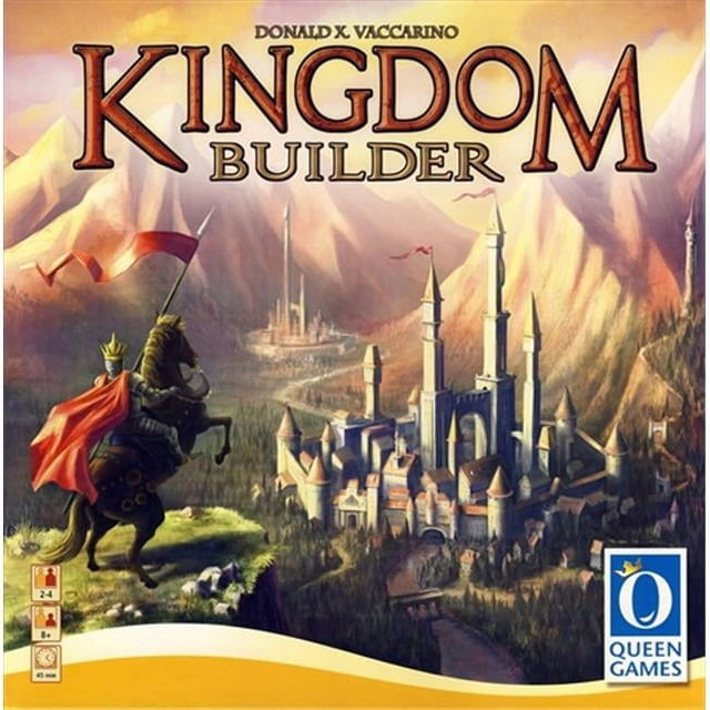 Queen Games 60832F Kingdom Builder Board Game featuring a vibrant cover illustration of a medieval kingdom with a castle, mountains, and a knight on horseback holding a red flag. Designed for 2 to 4 players, this strategy game involves building settlements and earning gold. Includes customizable gameplay with random Kingdom Builder cards, special actions, and terrain sectors. Suitable for ages 8 and up with a playtime of 45 minutes.