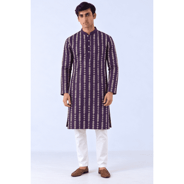 DWEEP SARA Kurta Long Droit pour Hommes en Viscose Rayonne Bleu Sarcelle avec Sequins, Uni Brodé, pour Hommes, 44