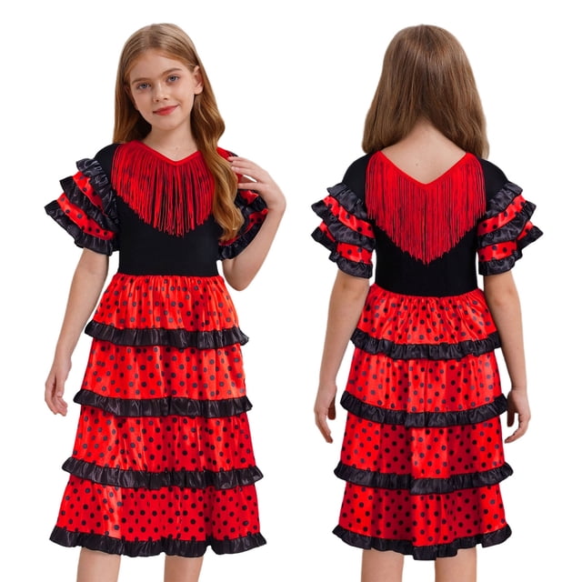RUNQHUI Robe de Festival Espagnole pour Filles avec Franges Jupe Maxi Lyrique à Volants Tenue de Danse Rouge&Noir 12