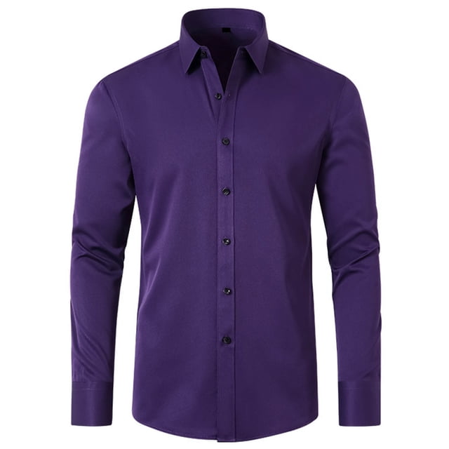 Solid Color Lapel Mens Shirts Fashion Long Sleeve Fitted Button Front Closure Shirts for Men(Purple,M)