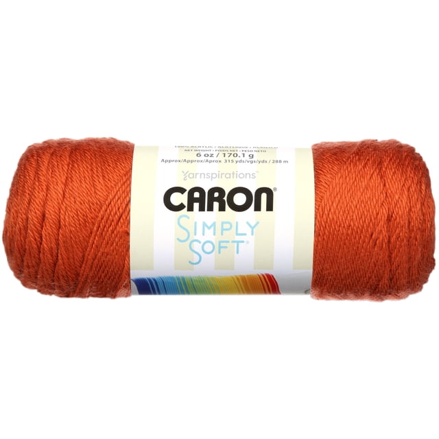 Caron Simply Soft Fil, 6oz (170g) Fil Acrylique Moyen worsted en orange Brûlé avec une Finition Lisse et Lustrée, Emballé dans une Étiquette Affichant la Marque et les Détails de Longueur, Idéal pour le Tricot, le crochet et des Projets d'Artisanat Polyvalents.