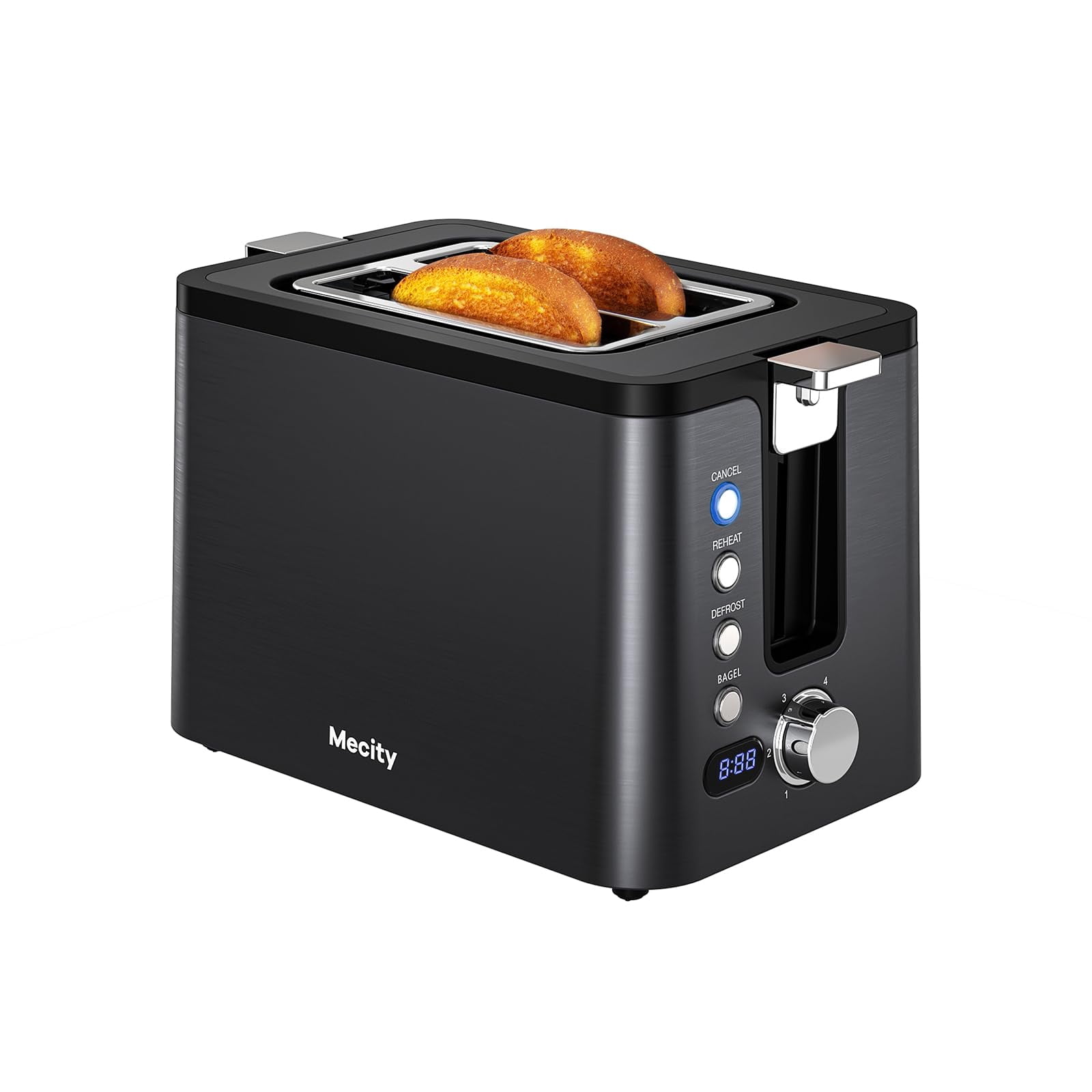 Mecity Toaster 2 Slice Stainless Steel Body, Timer, Bagel, Defrost, Reheat, Cancel Functions, Warming Rack, Removable Tray, 6 Browning Settings, Extra Wide Slots, Bread