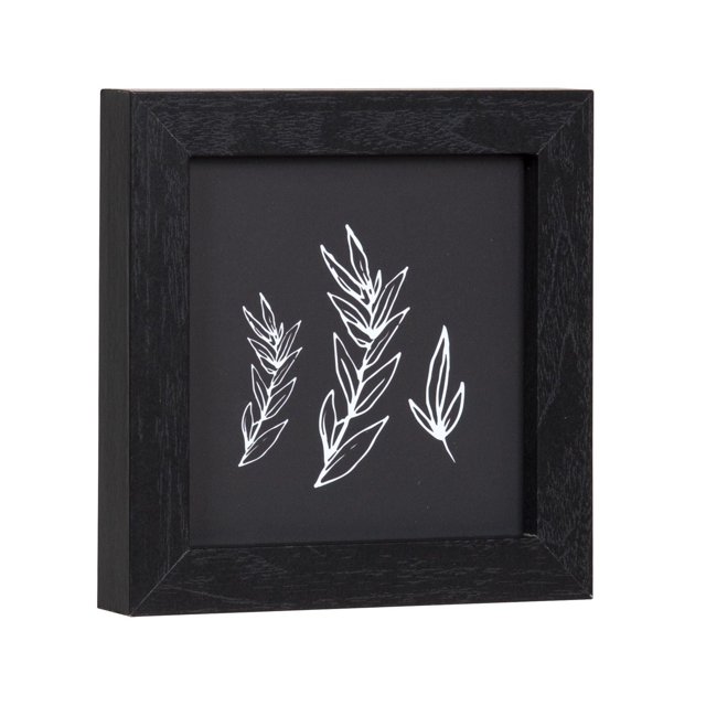 Art d'Accent Encadré 6x6 à Trois Feuilles avec Cadre en MDF Noir et Fond Noir, Présentant Trois Dessins Minimalistes de Lignes de Feuilles Blanches, Mesurant 6 Pouces par 6 Pouces, Convient pour Ajouter une Déco d'Accent Intemporelle Noire et Blanche aux Chambres, aux Entrées Ou aux Salons.