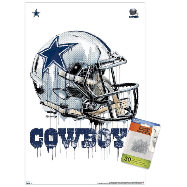 NFL Dallas Cowboys - Affiche Murale Drip Helmet 20, 22,375 Po x 34 Po Encadrée, Représentant un Casque de football Dallas Cowboys Argenté Orienté vers l'Avant avec un logo Étoile Bleu et un Masque Facial Noir, Effet de Peinture Goutte à Goutte, avec un Texte « COWBOY » Bleu Audacieux en Dessous sur Fond Blanc, Parfait pour la Déco Murale à Thème Sportif dans les Chambres, Bureaux Ou Dortoirs.