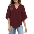 thumbnail image 2 of Jsaierl Women's Solid Color Notched V Neck 3/4 Long Sleeve Tops Classic Irregular Hem Shirts Flowy Comfortable Soft Blouses, 2 of 8