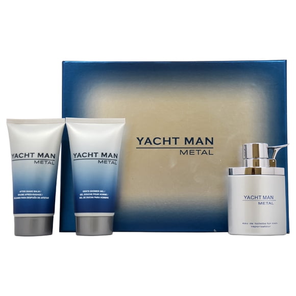 Yacht Man Metal par Myrurgia pour Hommes - Ensemble Cadeau 3 Pcs 3.4oz EDT Vaporisateur, 5.1oz Gel Douche, 5.1oz Baume après-Rasage