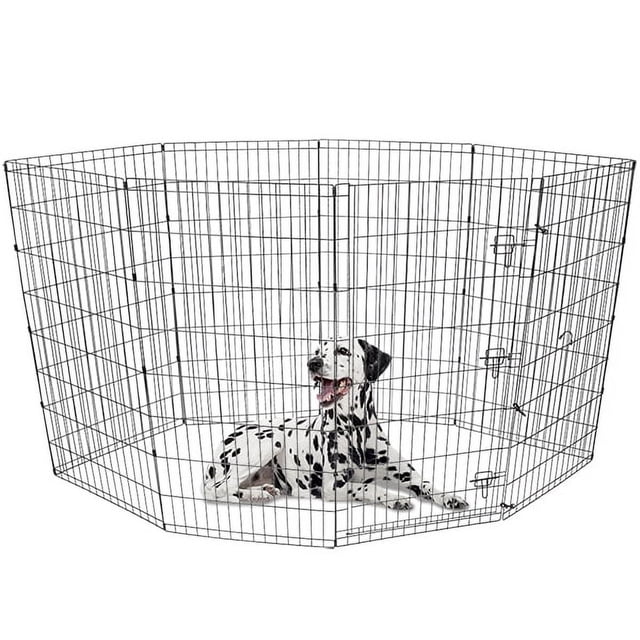 Vibrant Life Dog Pen, 48in indoor and outdoor pet exercise play pen with heavy-duty non-corrosive metal frame and slide bolt latches, shown in an octagonal shape containing a Dalmatian dog, providing clear visibility, ventilation, and easy folding for transport and storage, ideal for safe dog exercise and play.