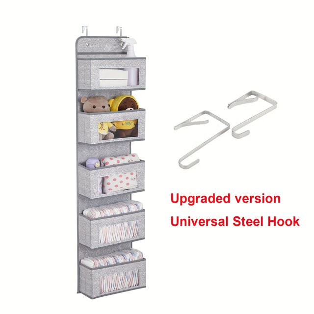 Organisateur Suspendu par-Dessus la Porte par ZHNUWIE, Conçu pour une Organisation Gain de Place avec six Compartiments en Tissu Couleur Cendre Dotés de Fenêtres Visibles pour un Accès Rapide. Comprend des Crochets Universels en Acier pour un Montage Facile sur les Portes Ou les Murs, Idéal comme Organisateur de Garde-Robe pour Produits pour Bébé, Jouets, Articles de Cuisine, et Plus.