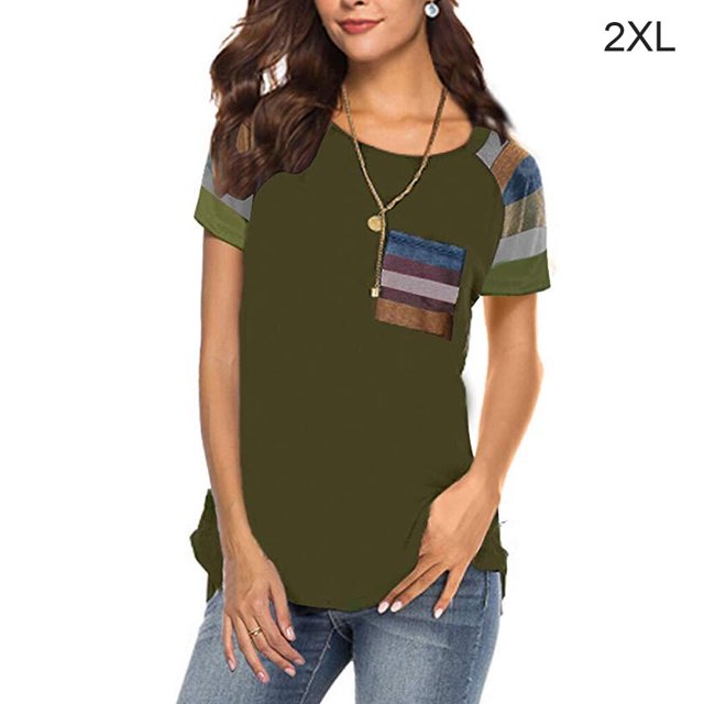 ziyahi T-Shirt pour Femme à Manches Courtes, Col Rond, Haut à Rayures avec Poche, T-Shirt, Vert, TTG