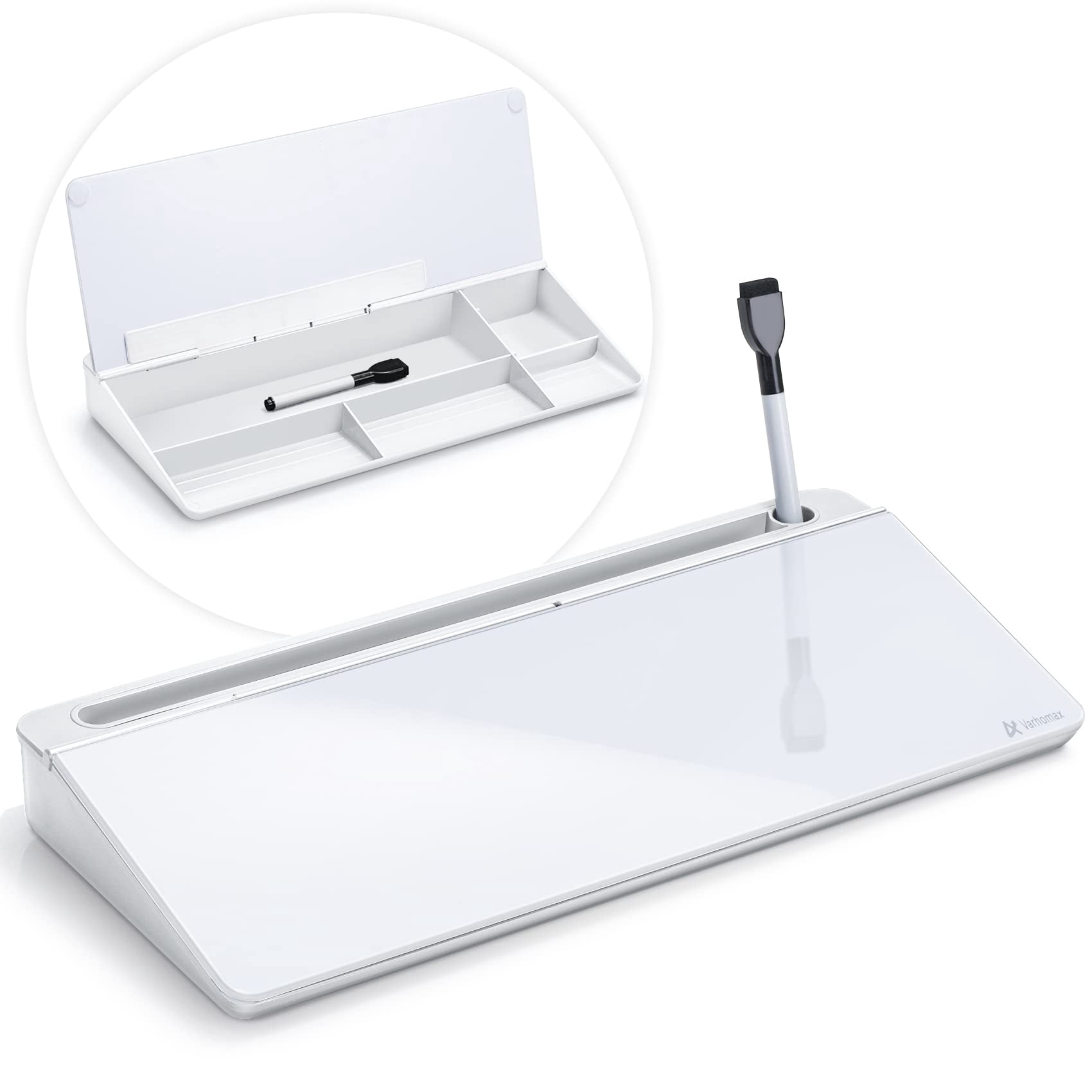 Varhomax Glass Desk Whiteboard with Storage, Desk Buddy to-do List Memo Desktop Dry Erase White Board Keyboard Stand for Home Office and School Supplies (White)