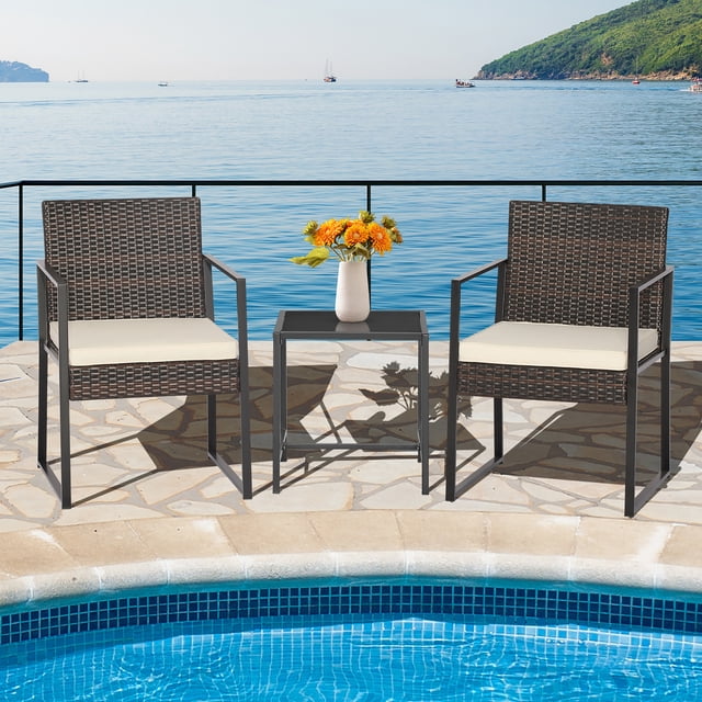 Gymax 3PCS Patio Rattan Hand-Woven PE Wicker Bistro Set Outdoor Furniture Set w/ Table & Cushion